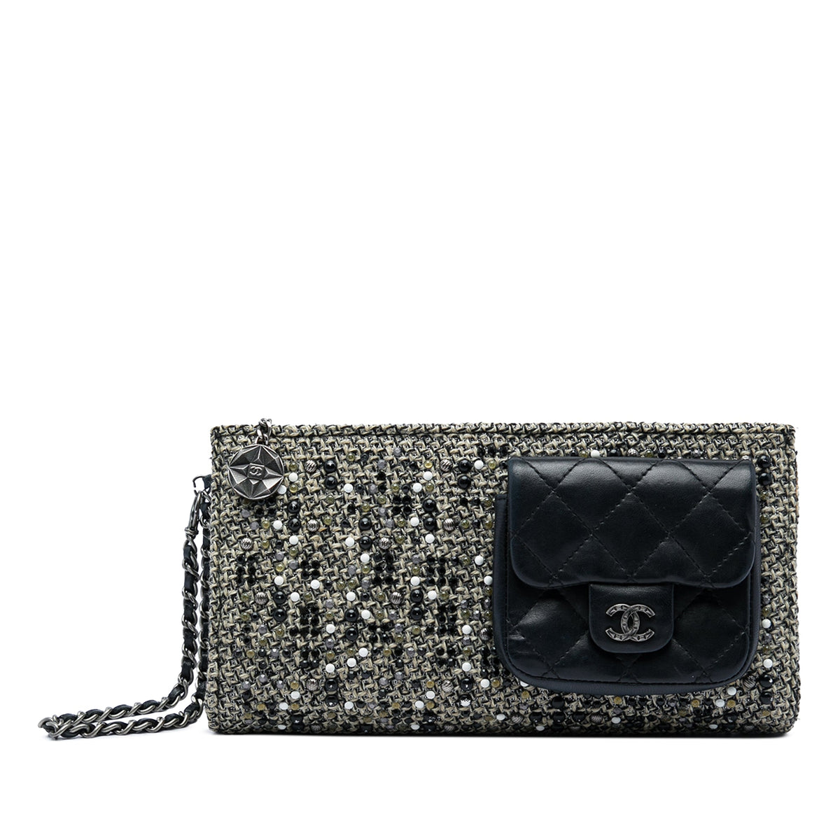 Chanel Monochrome Tweed Embellished Mineral Nights Pochette Wristlet — Black