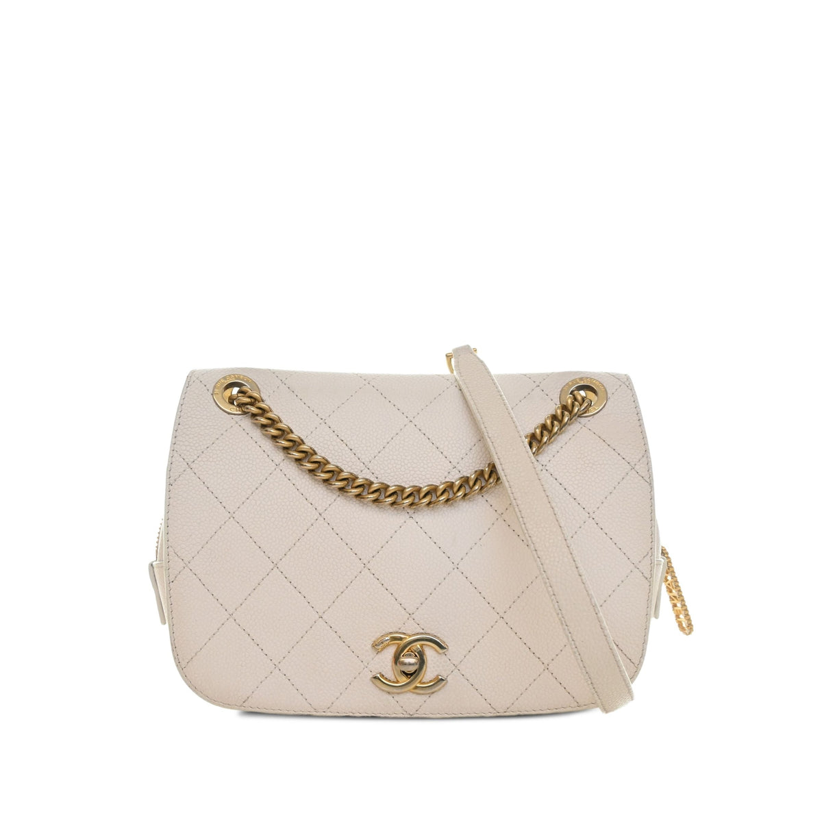 Chanel CC Quilted Caviar Turnlock Full Flap — White