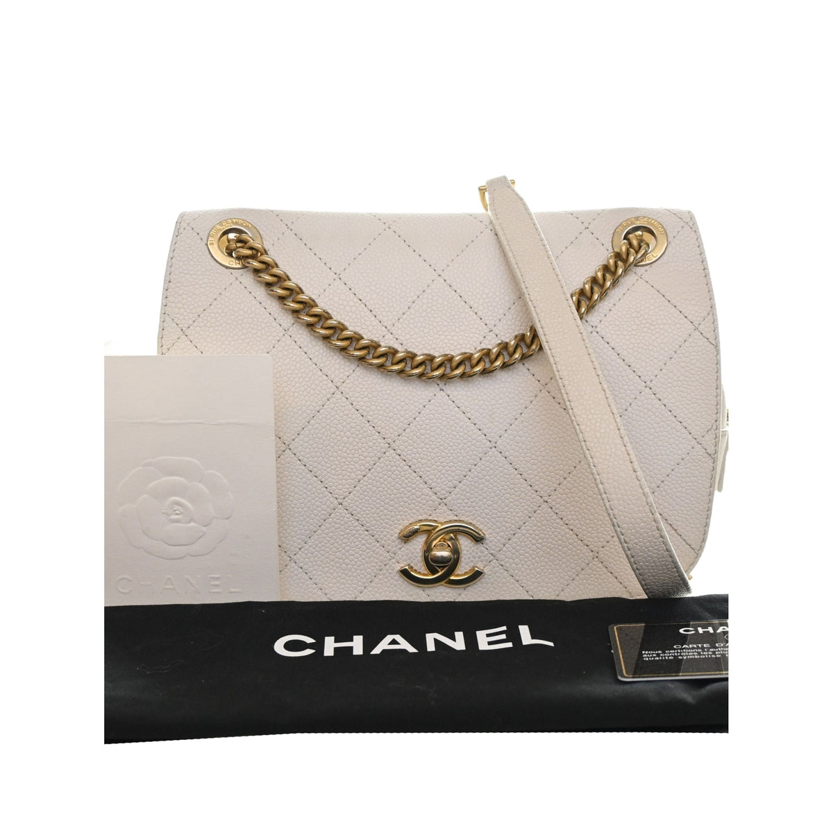 Chanel CC Quilted Caviar Turnlock Full Flap — White