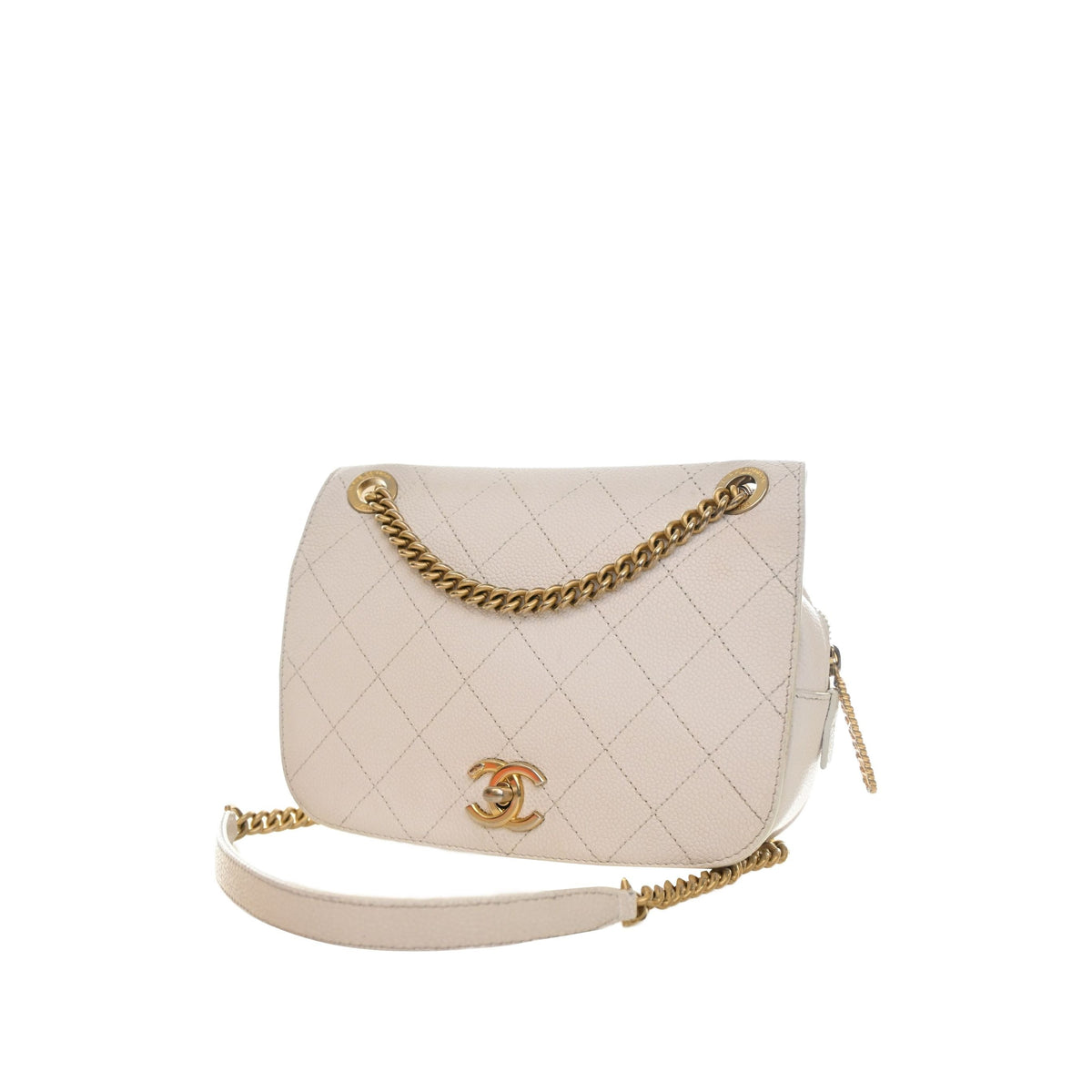 Chanel CC Quilted Caviar Turnlock Full Flap — White