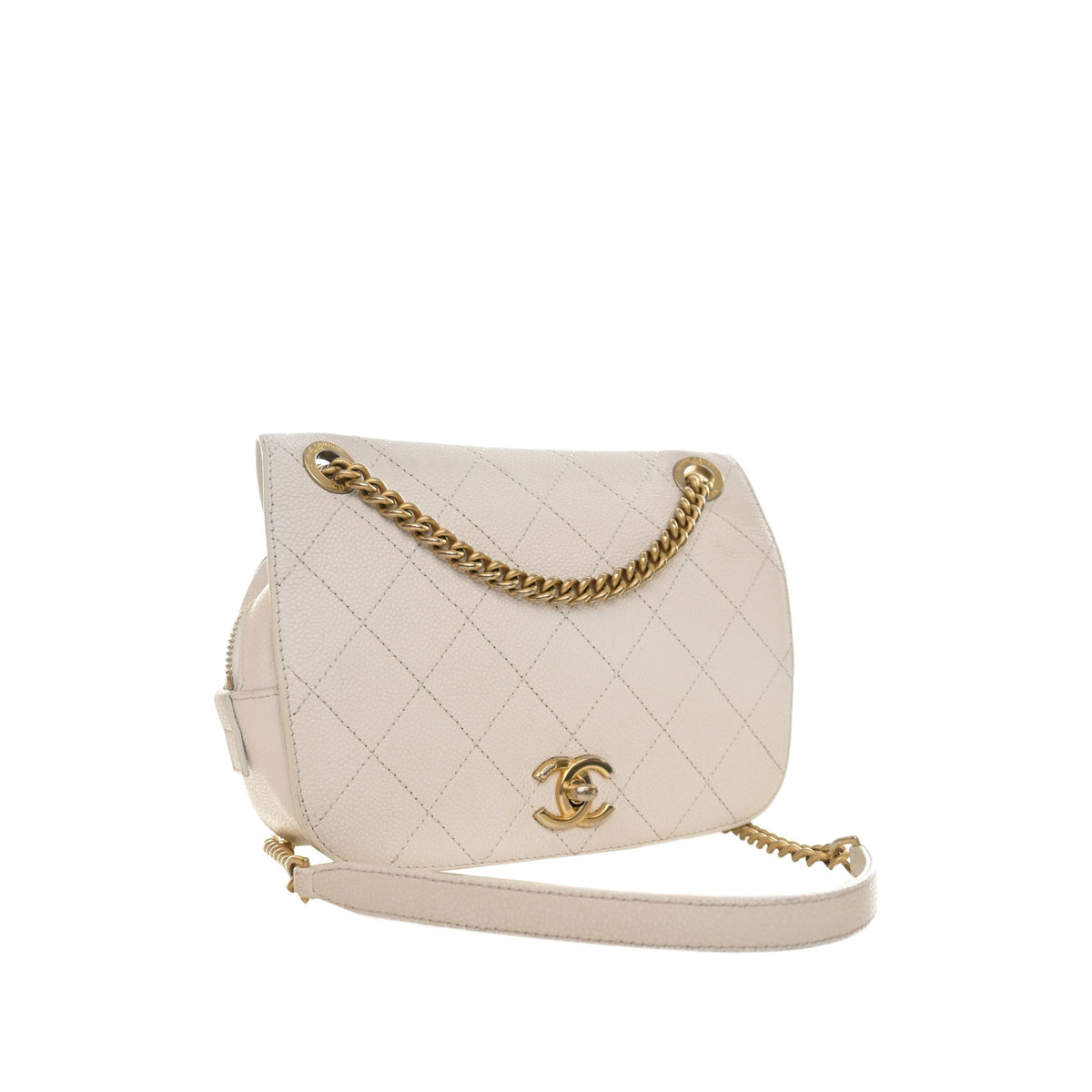 Chanel CC Quilted Caviar Turnlock Full Flap — White