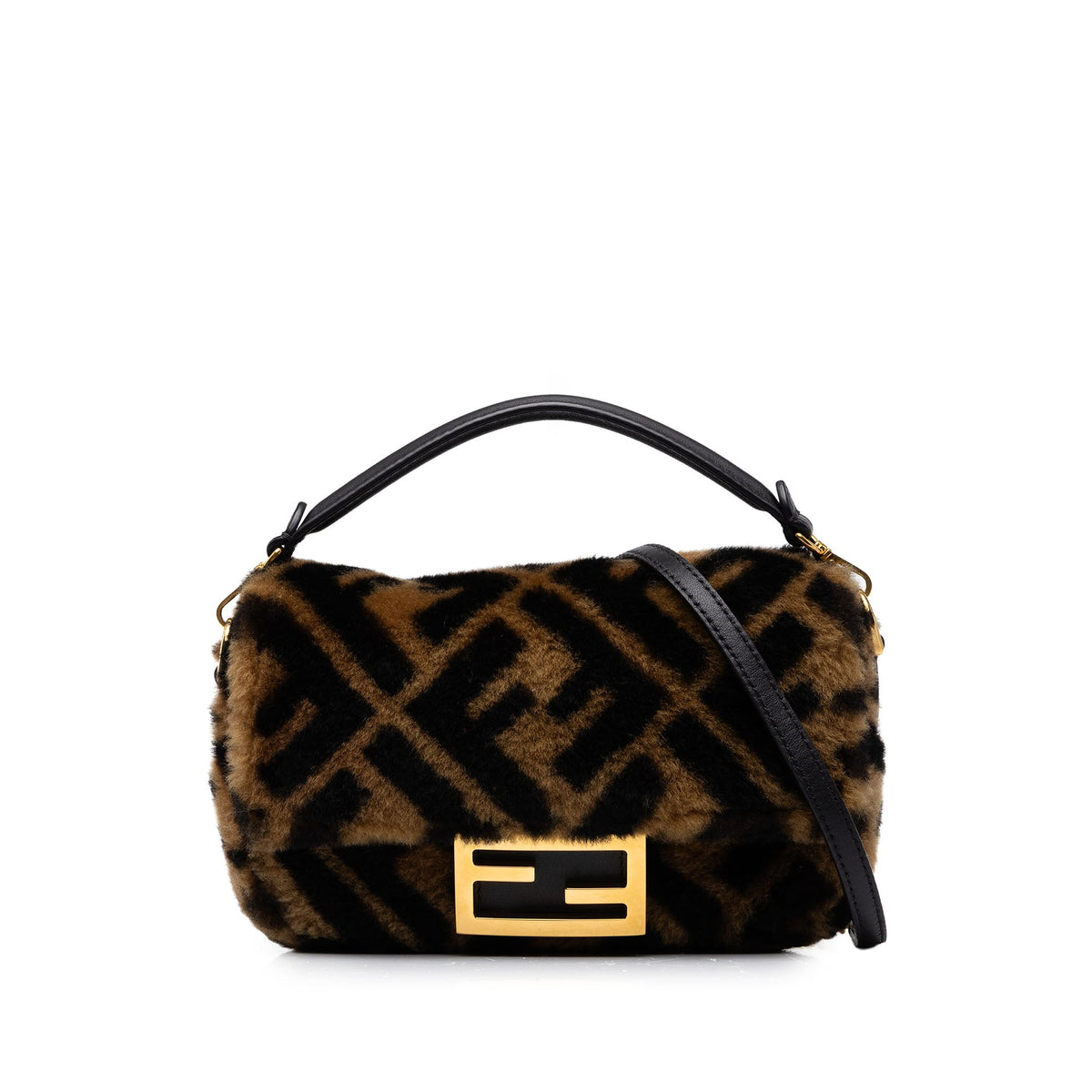 Fendi Mini Zucca Shearling Baguette Satchel — Brown