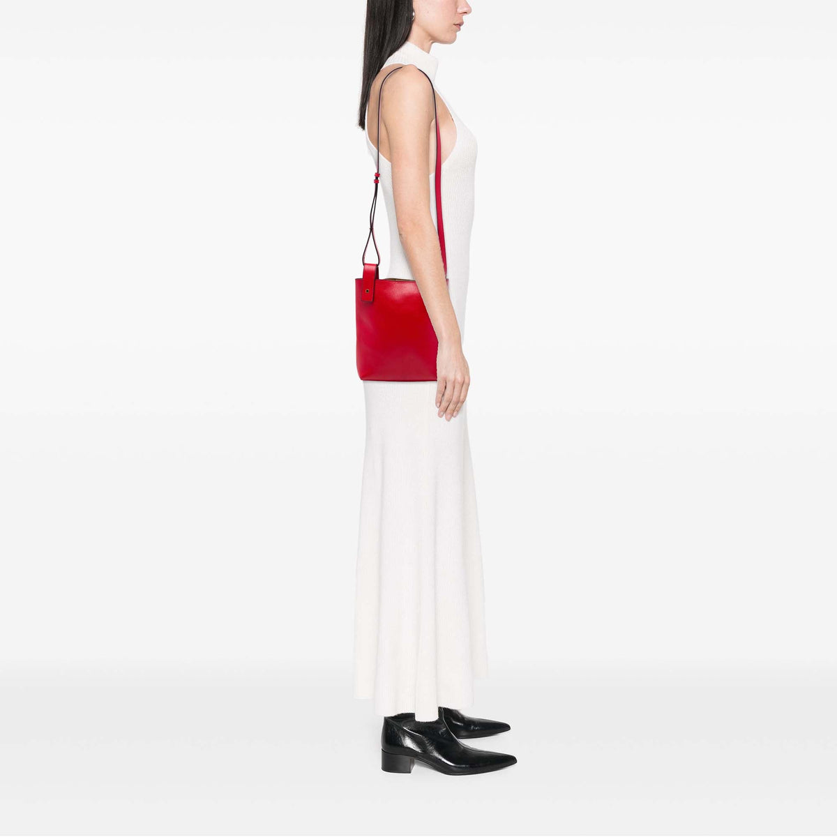 LOEWE Grained Leather Anagram Asymmetric Crossbody — Red