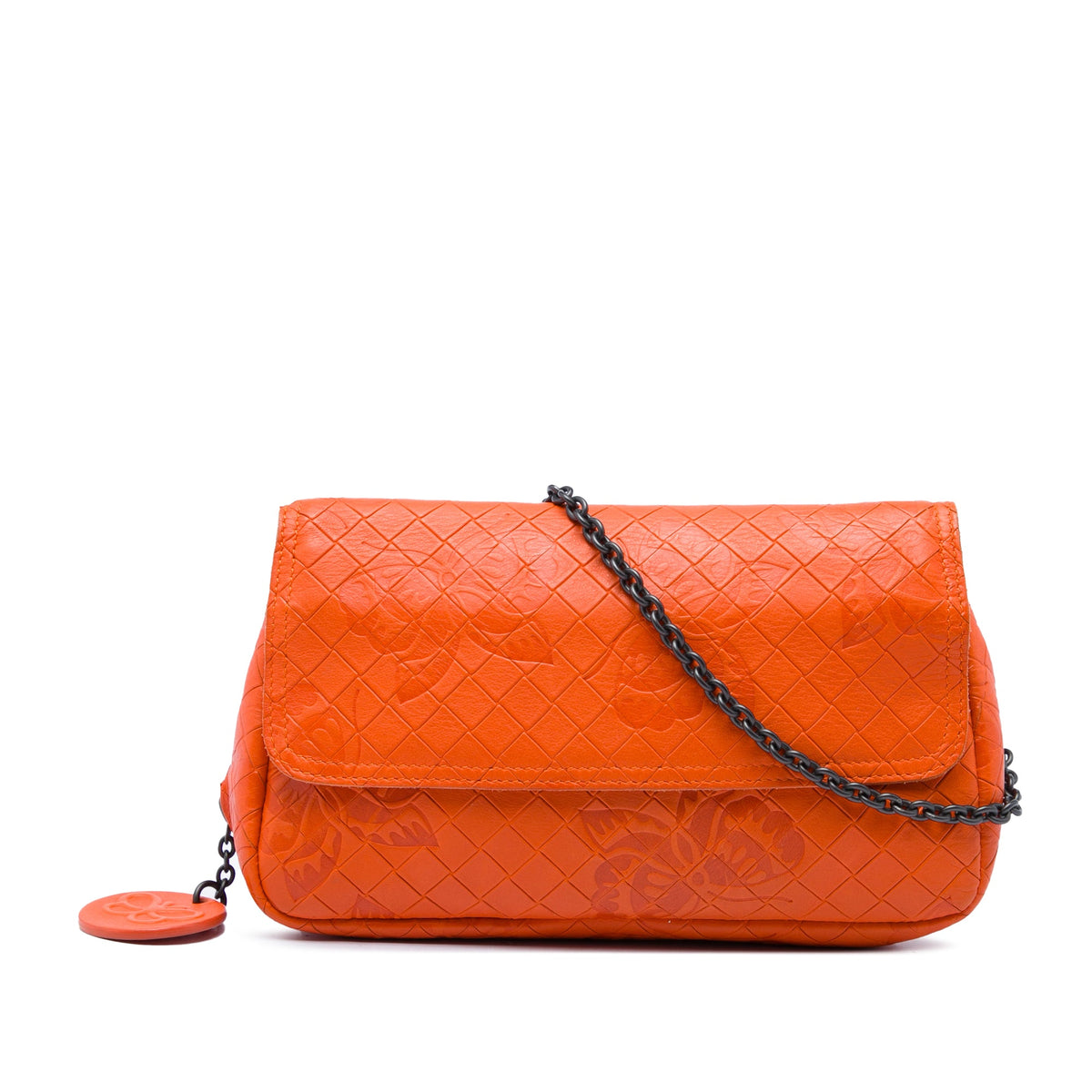 Bottega Veneta Small Calfskin Intrecciomirage Embossed Butterfly Chain Crossbody — Orange