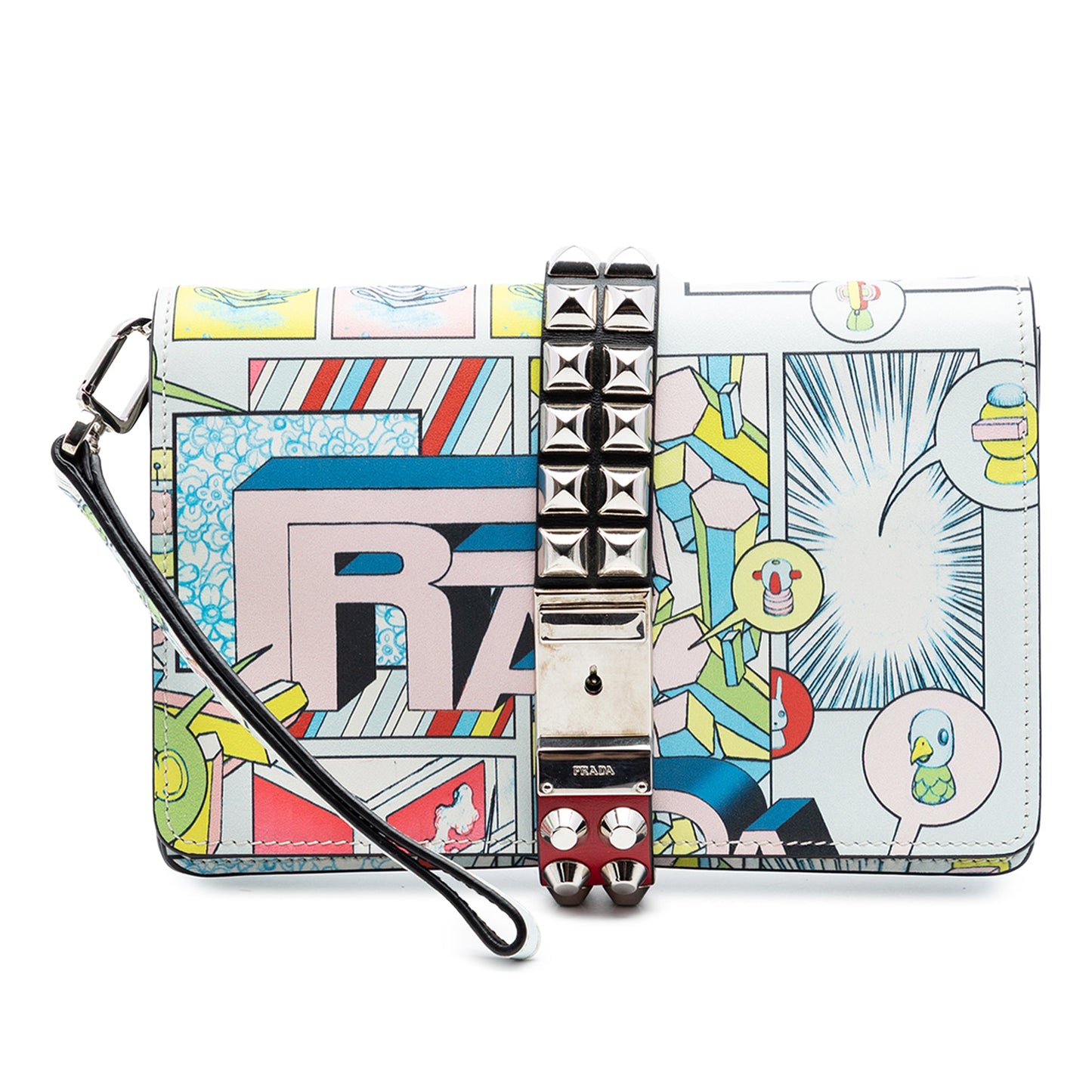 Prada Comic Print Studded Leather Elektra Clutch