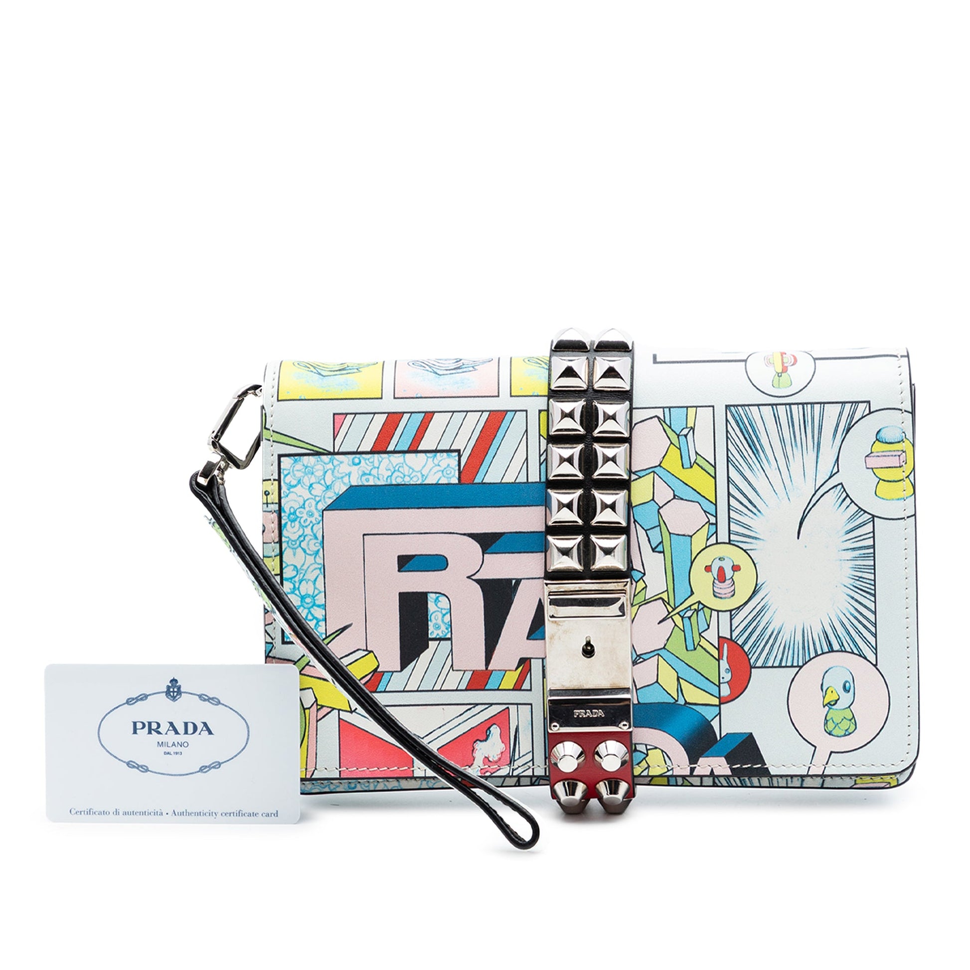 Prada Comic Print Studded Leather Elektra Clutch