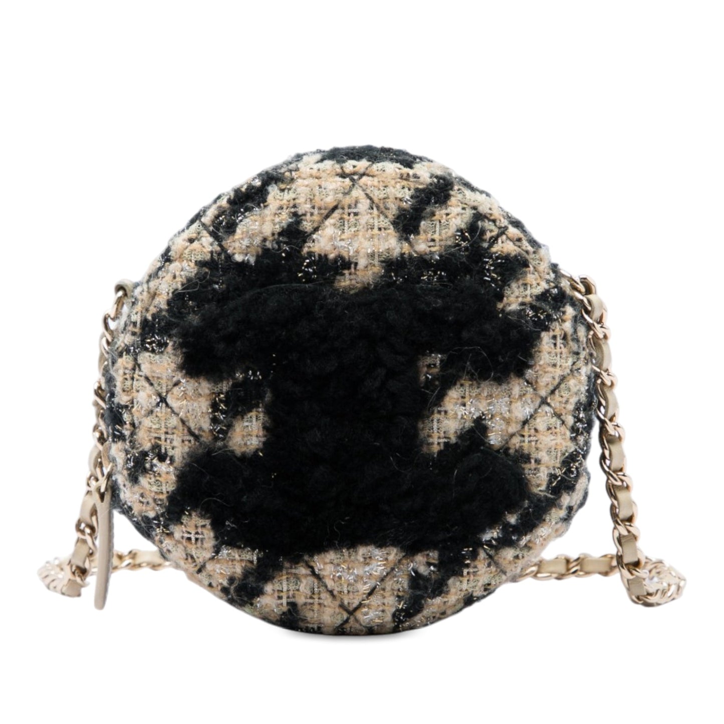 Chanel CC Quilted Tweed and Shearling Round Clutch With Chain