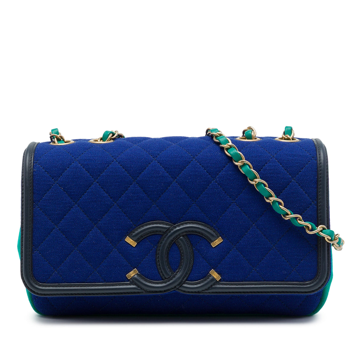 Chanel Small Tricolor Jersey CC Filigree Flap — Blue