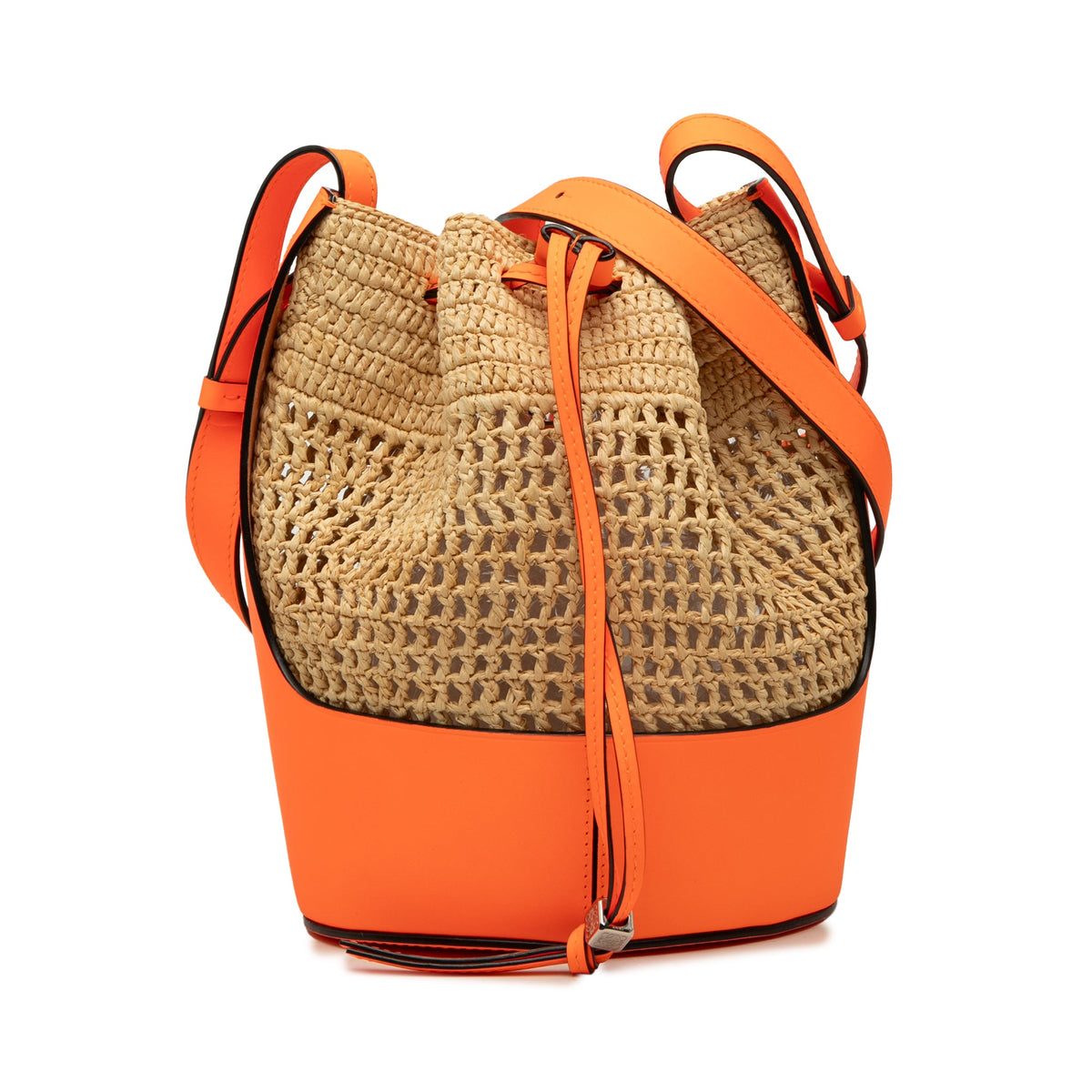 LOEWE Small Raffia and Calfskin Balloon Bucket Bag — Orange