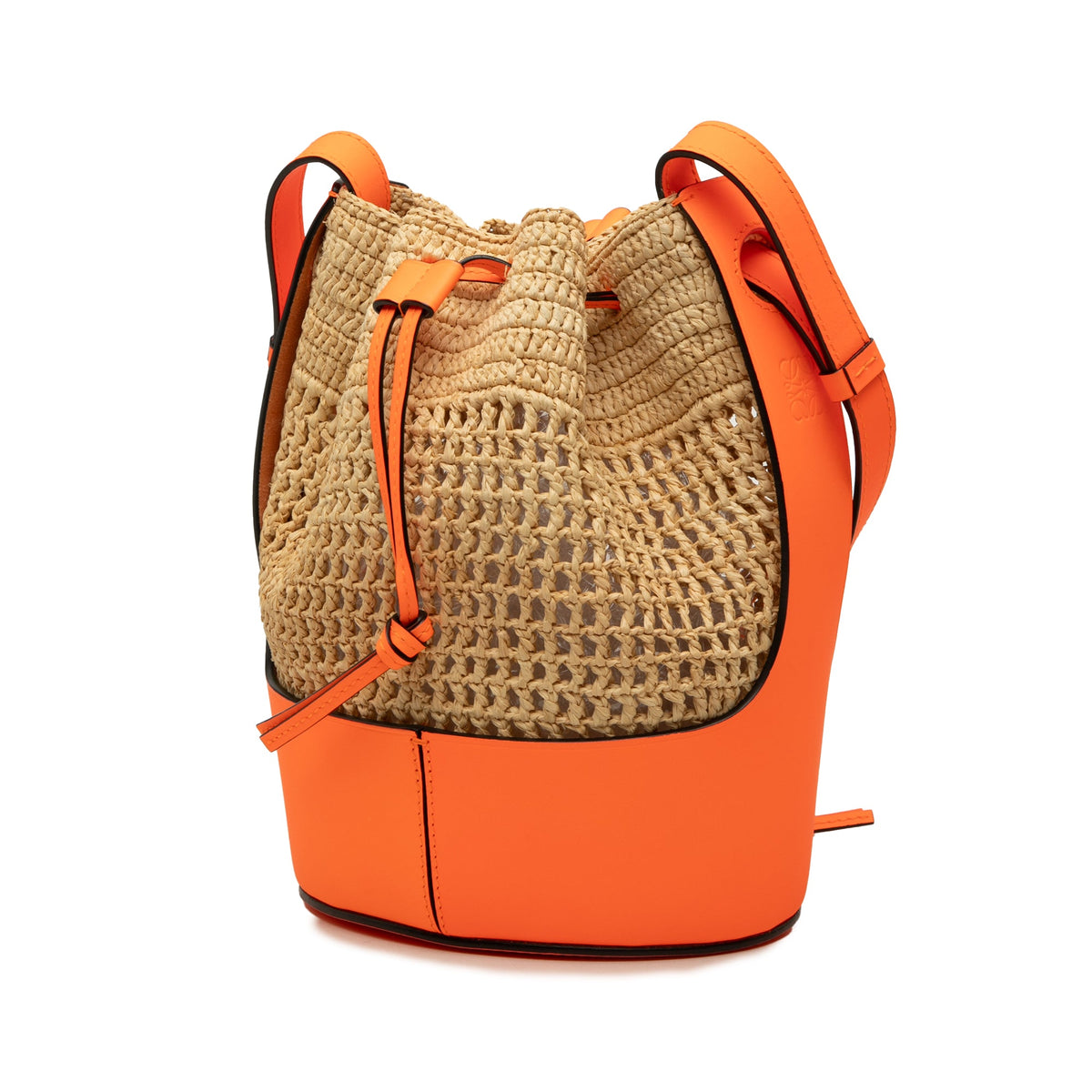 LOEWE Small Raffia and Calfskin Balloon Bucket Bag — Orange