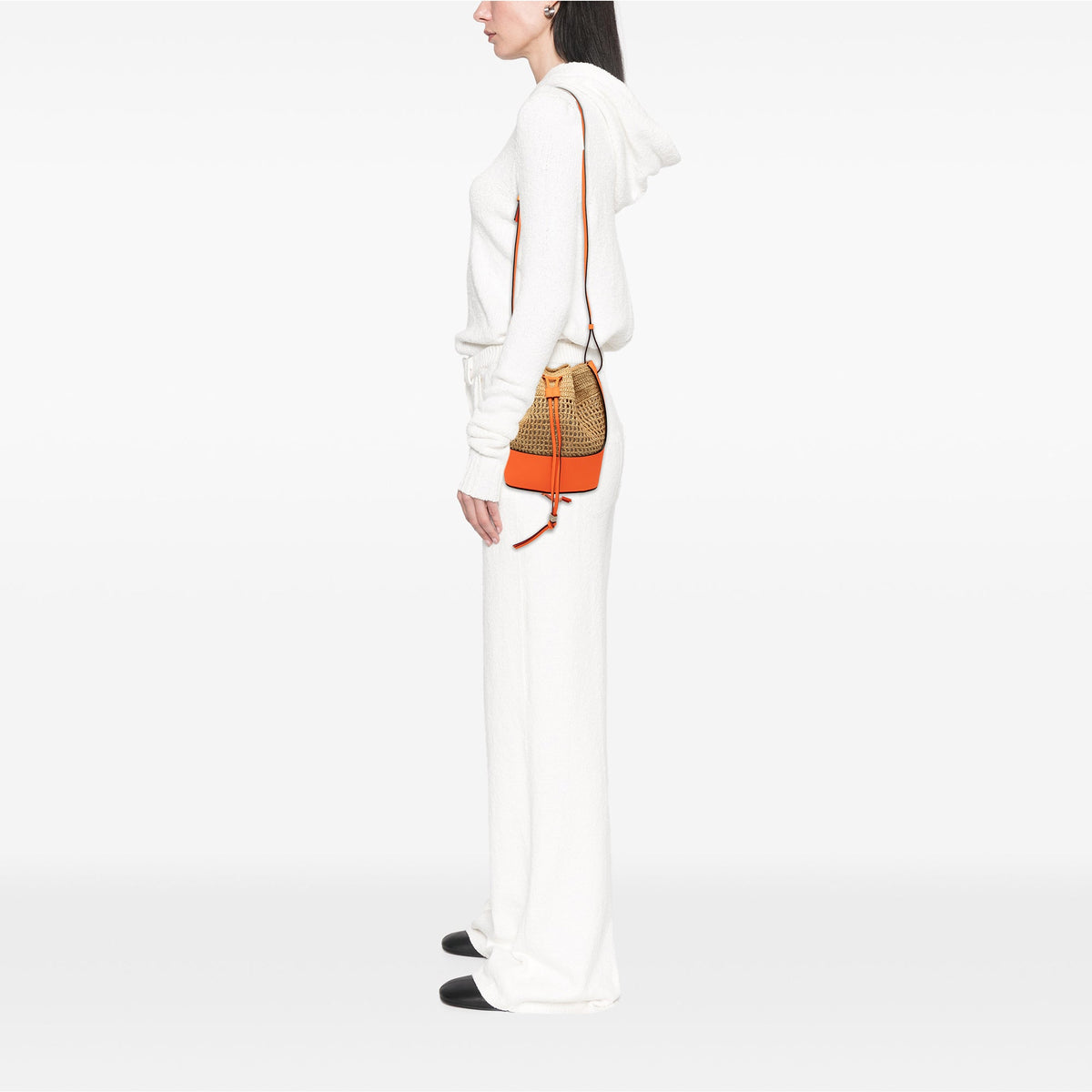 LOEWE Small Raffia and Calfskin Balloon Bucket Bag — Orange