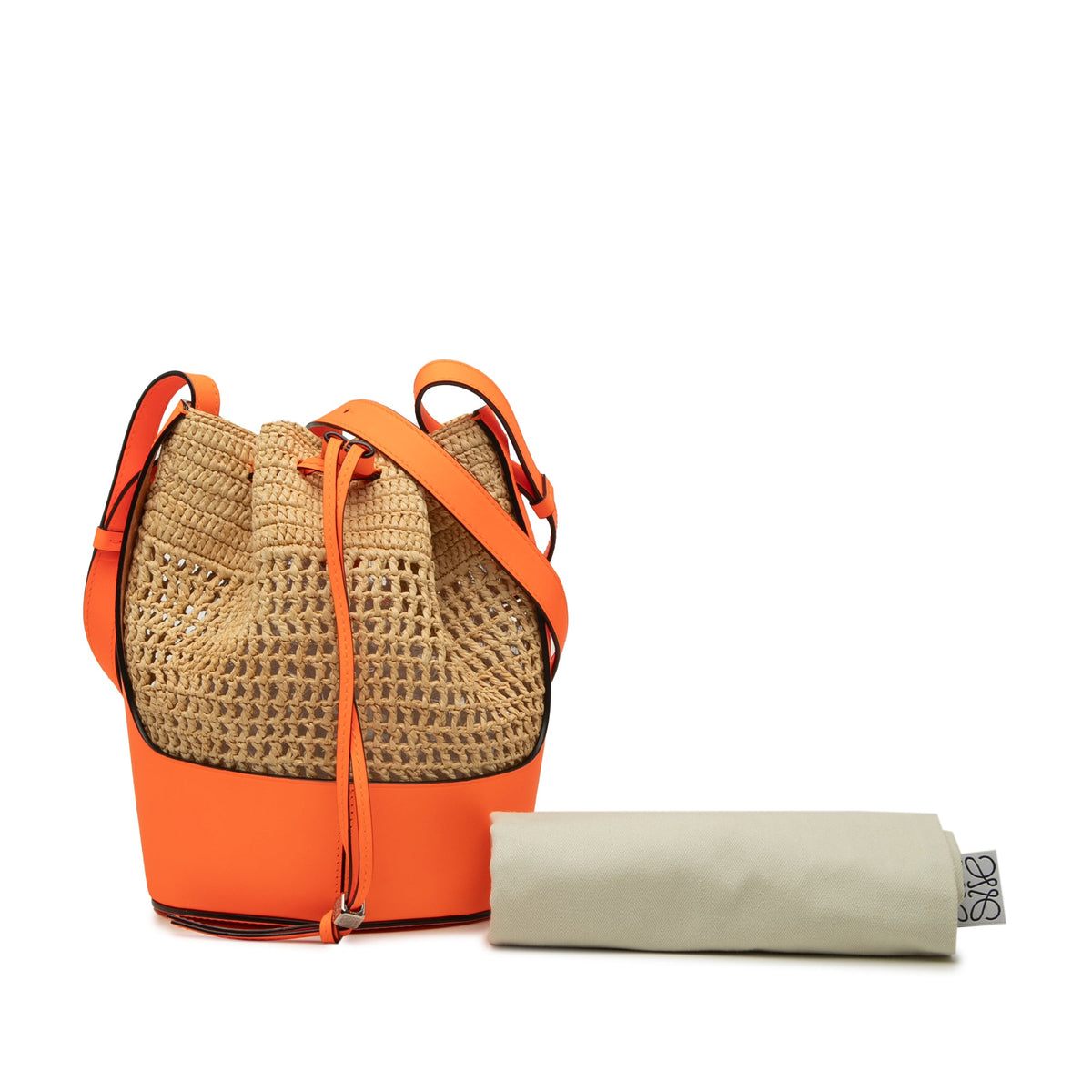 LOEWE Small Raffia and Calfskin Balloon Bucket Bag — Orange