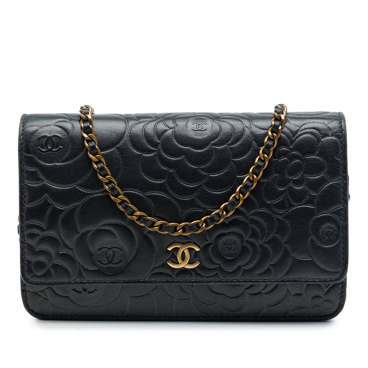 Chanel CC Embossed Lambskin Camellia Wallet On Chain — Black