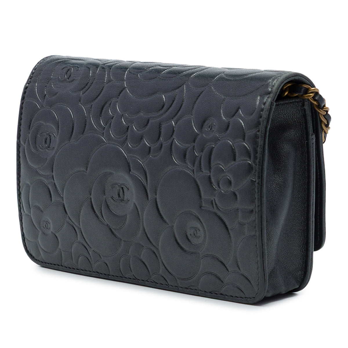 Chanel CC Embossed Lambskin Camellia Wallet On Chain — Black