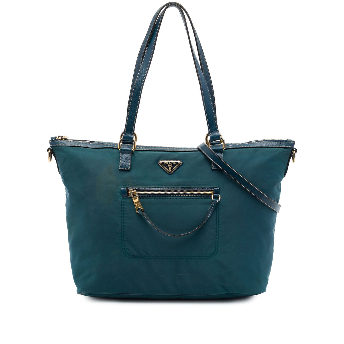 Prada Saffiano Trimmed Tessuto Front Zip Convertible Tote — Blue