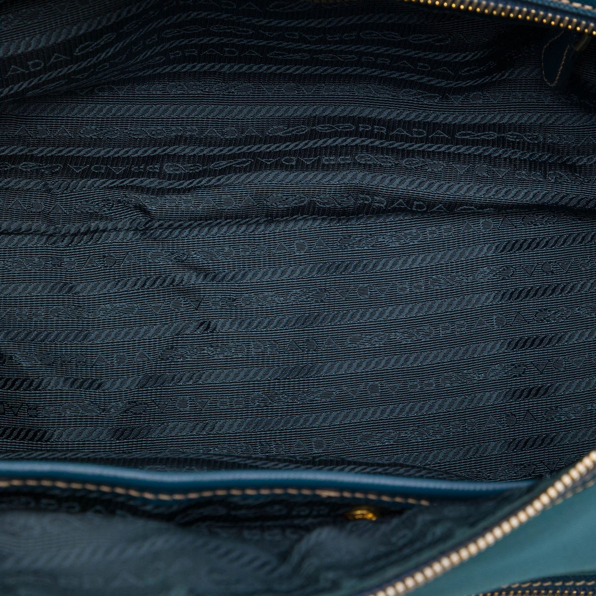Prada Saffiano Trimmed Tessuto Front Zip Convertible Tote — Blue