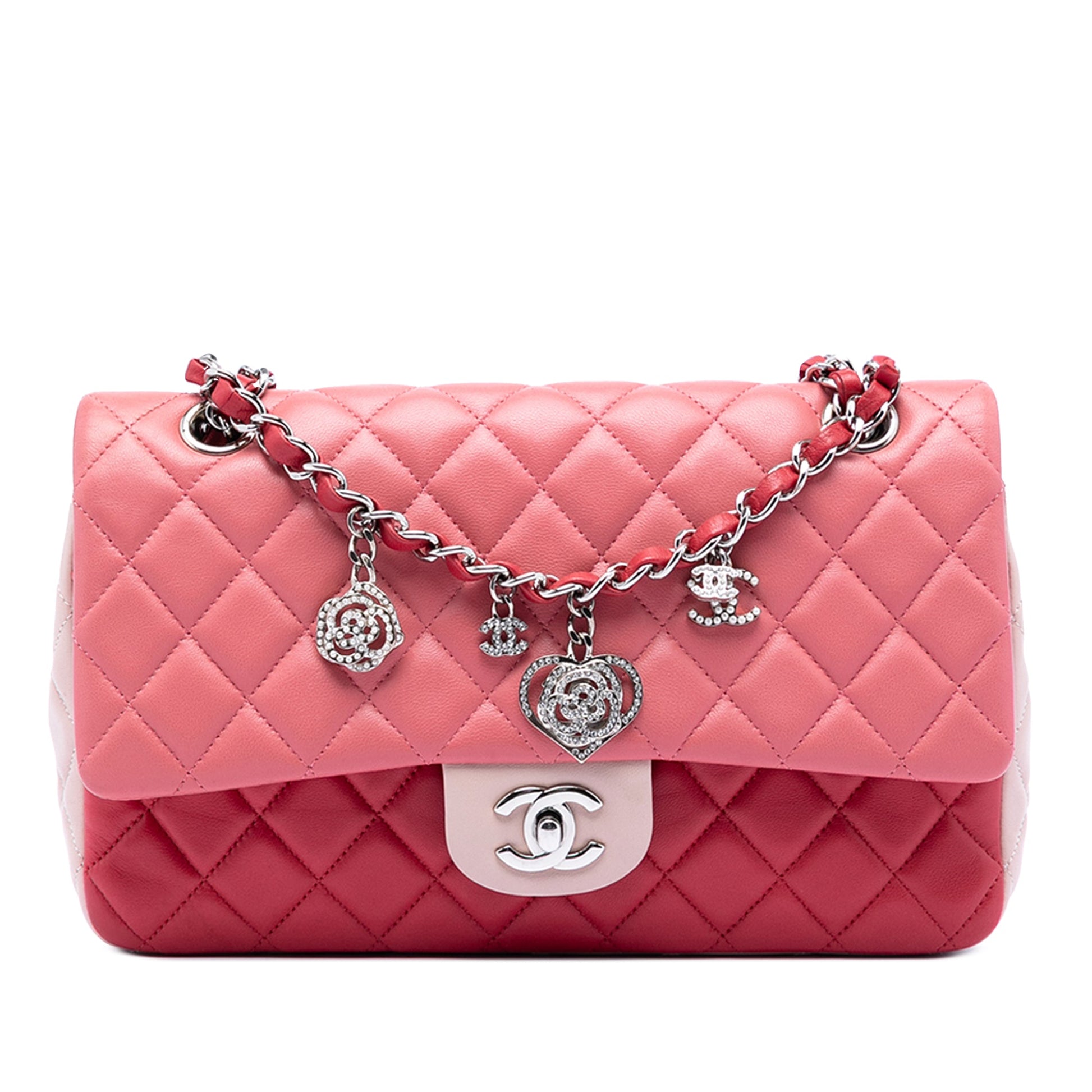 Medium Classic Tricolor Lambskin Valentines Heart Charms Single Flap