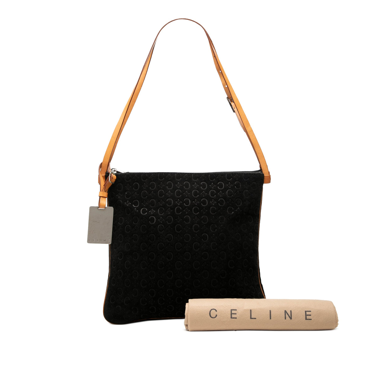 Celine C Macadam Suede Double Zip Shoulder Bag — Black