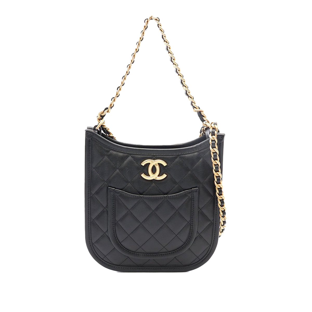 Chanel Small CC Quilted Lambskin Front Pocket Chain Hobo Bag — Black
