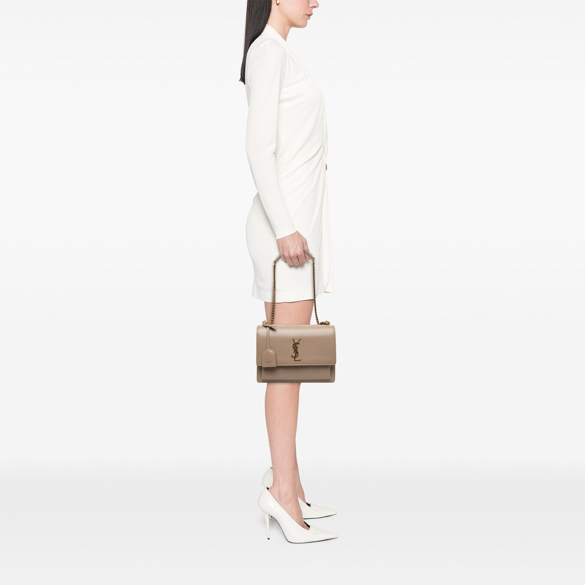 Saint Laurent Medium Calfskin Monogram Sunset Crossbody — Beige