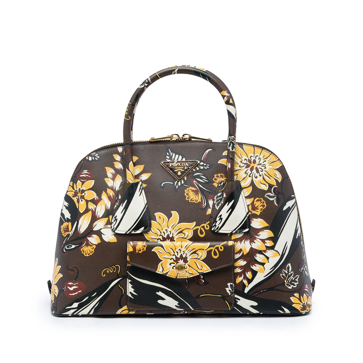 Prada Large Saffiano Lux Floral Print Promenade Front Pocket Satchel — Brown