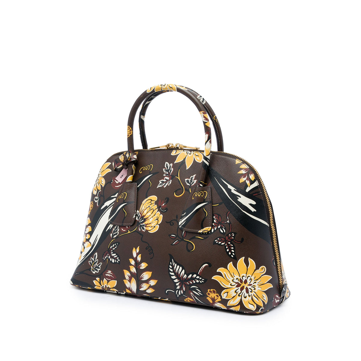 Prada Large Saffiano Lux Floral Print Promenade Front Pocket Satchel — Brown