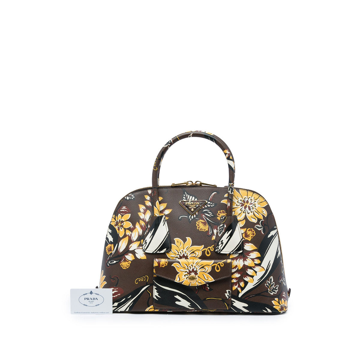 Prada Large Saffiano Lux Floral Print Promenade Front Pocket Satchel — Brown