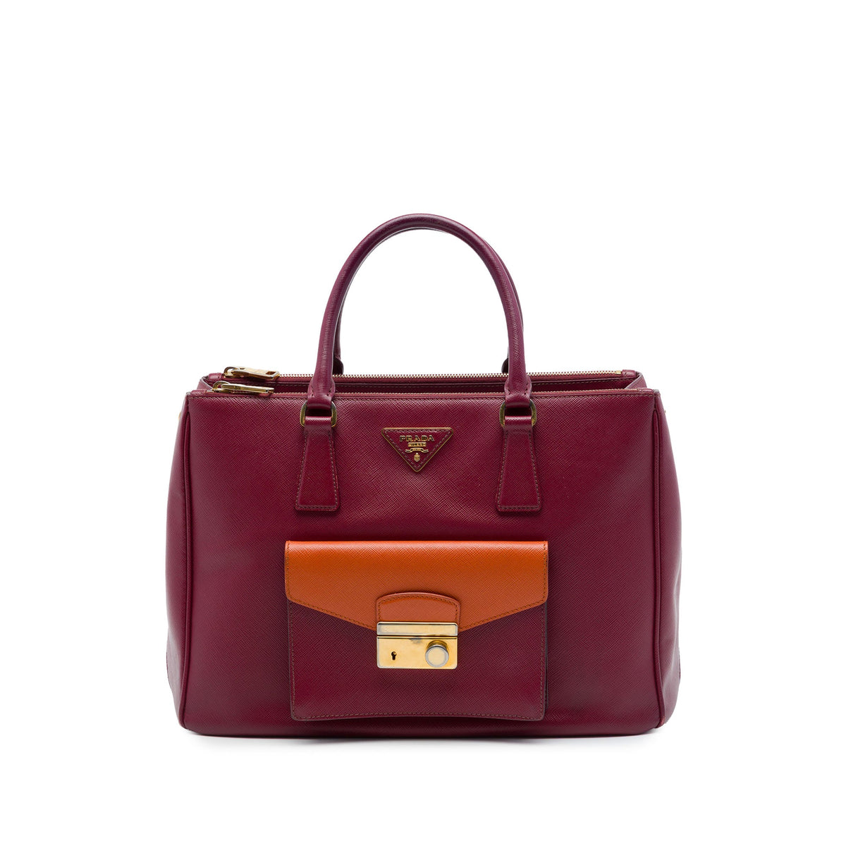 Prada Bicolor Saffiano Lux Galleria Double Zip Front Pocket Satchel — Red