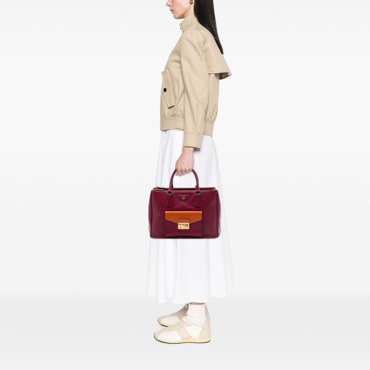 Prada Bicolor Saffiano Lux Galleria Double Zip Front Pocket Satchel — Red