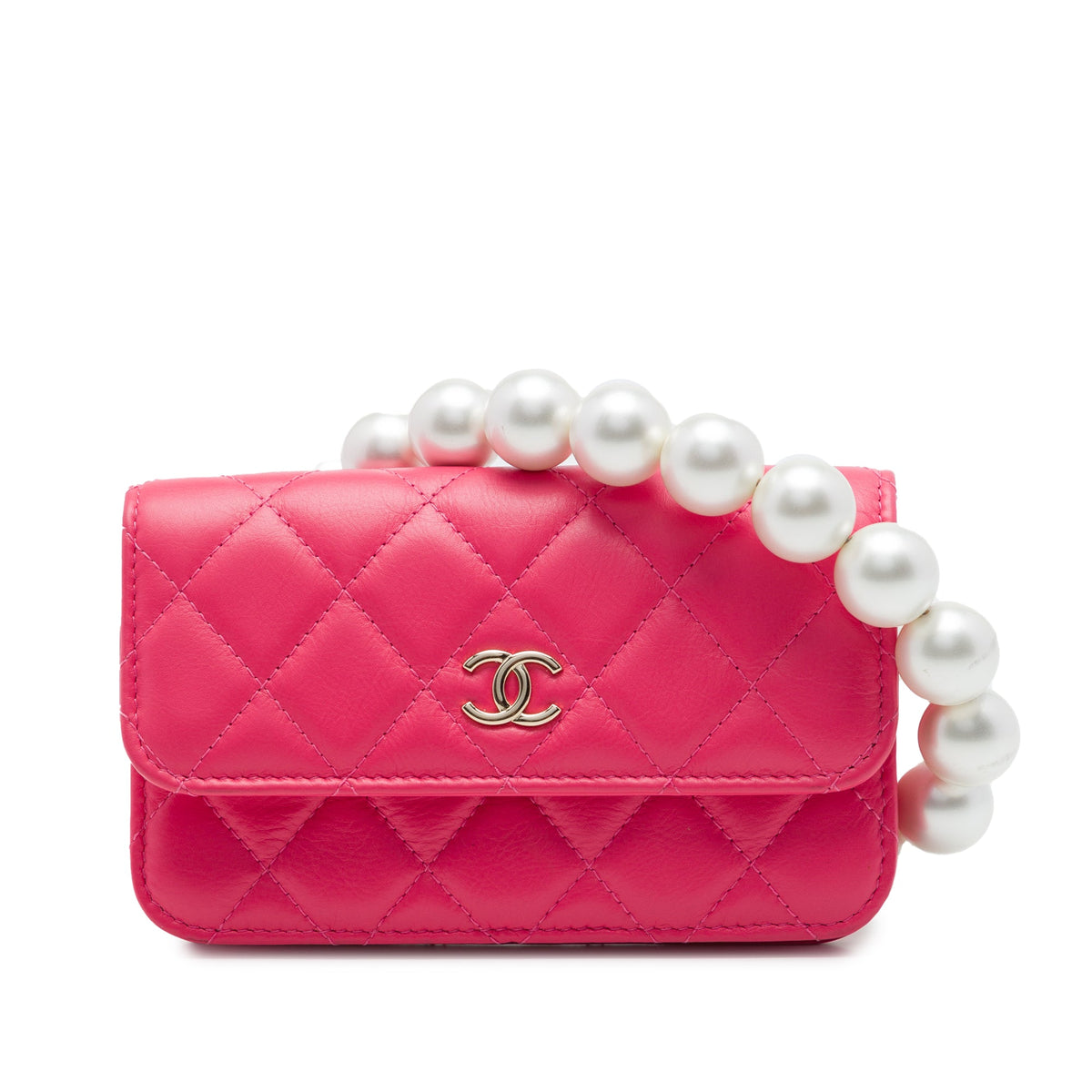 Chanel Quilted Lambskin Maxi Pearls Clutch With Chain — Pink
