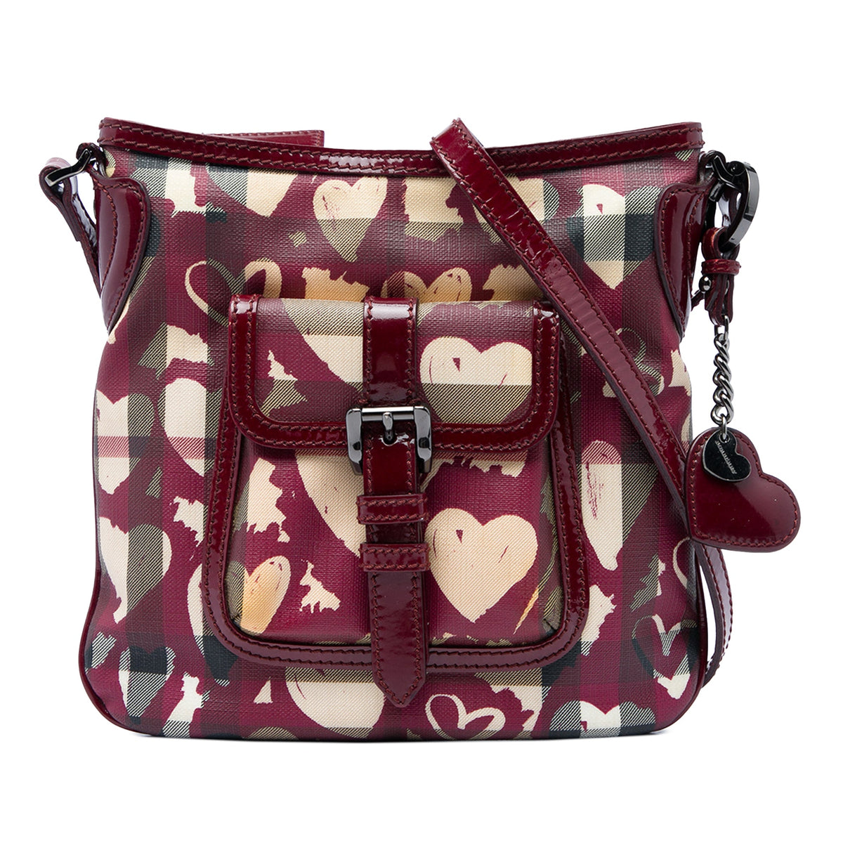 Burberry House Check Coated Canvas Hearts Crossbody — Red