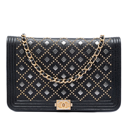 Chanel Studded Grained Calfskin Boy Wallet On Chain