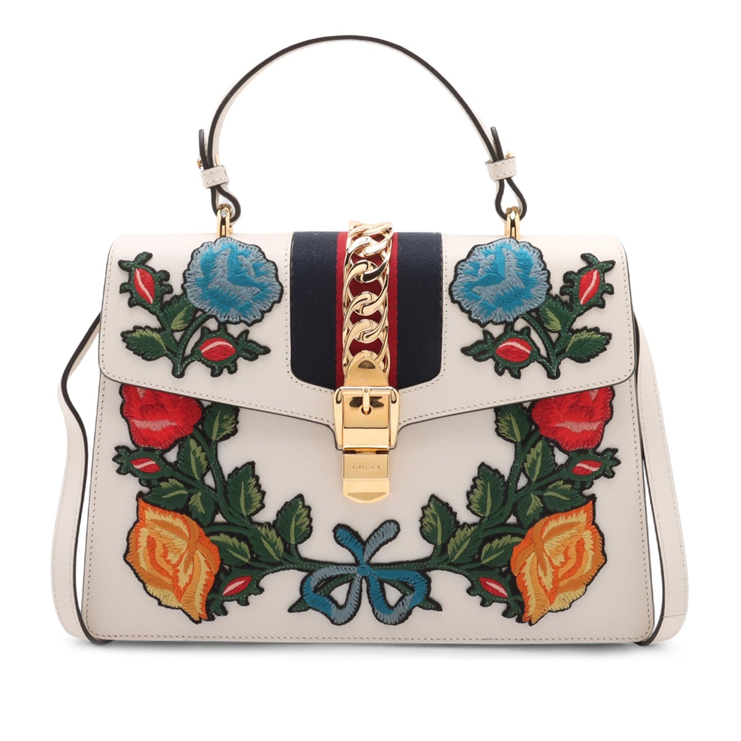 Gucci Medium Floral Embroidered Leather Sylvie Top Handle Bag