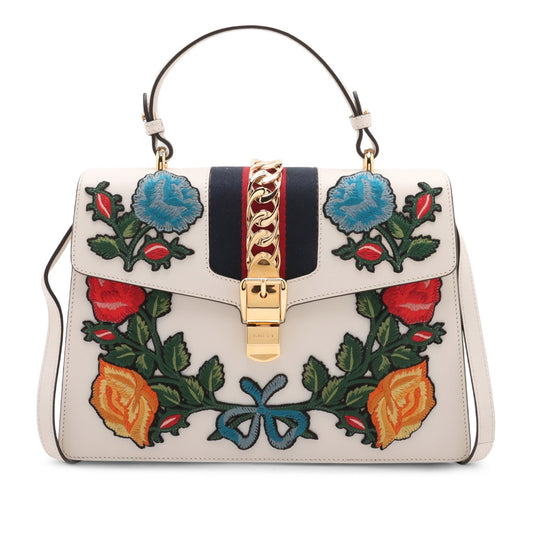 Gucci Medium Floral Embroidered Leather Sylvie Top Handle Bag