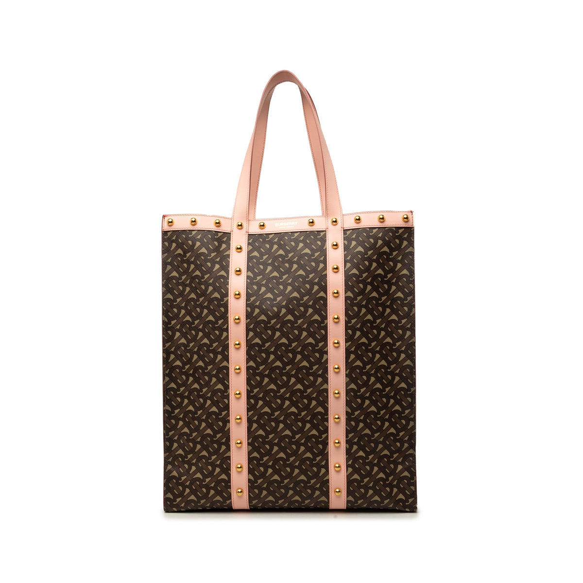 Burberry TB Monogram E Canvas and Studded Leather Vertical Tote — Pink