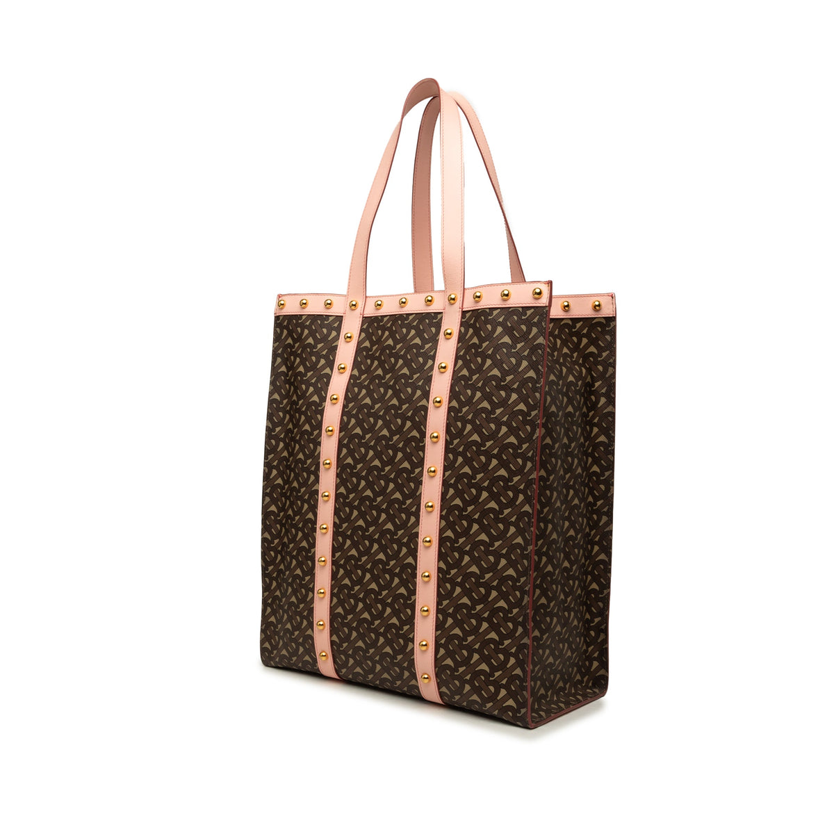 Burberry TB Monogram E Canvas and Studded Leather Vertical Tote — Pink