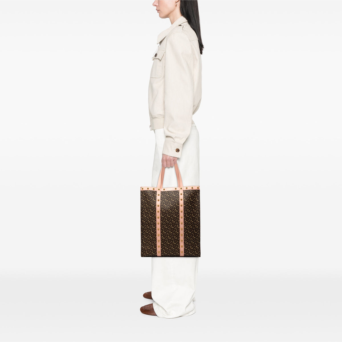 Burberry TB Monogram E Canvas and Studded Leather Vertical Tote — Pink