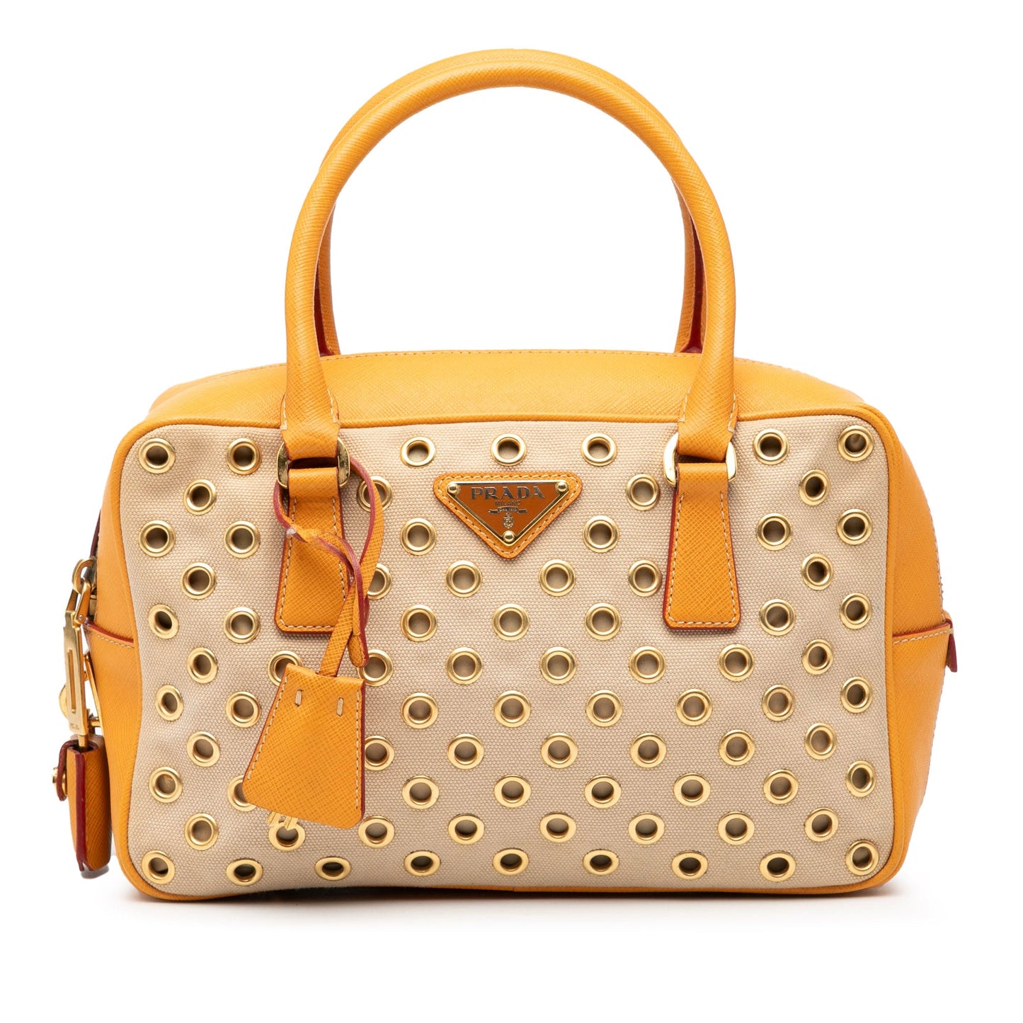 Prada Small Saffiano Trimmed Canvas Grommet Bauletto Bag
