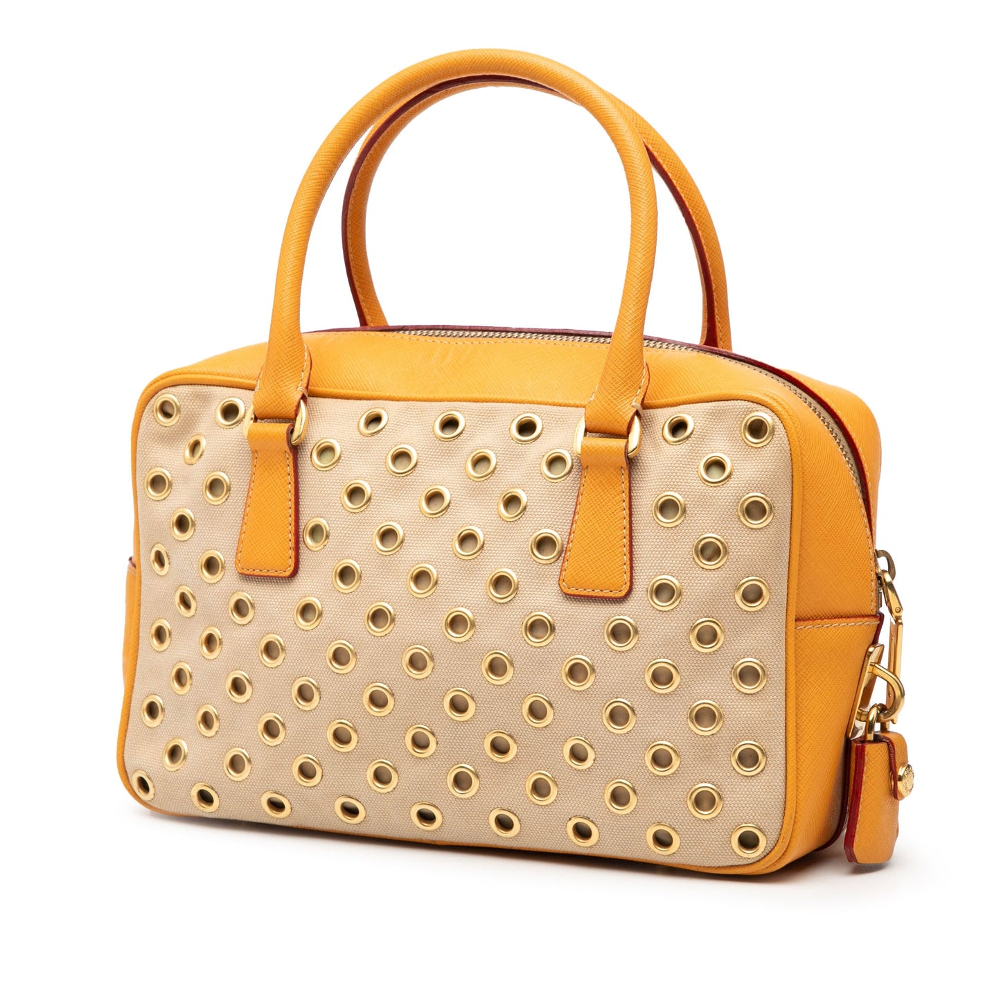 Prada Small Saffiano Trimmed Canvas Grommet Bauletto Bag