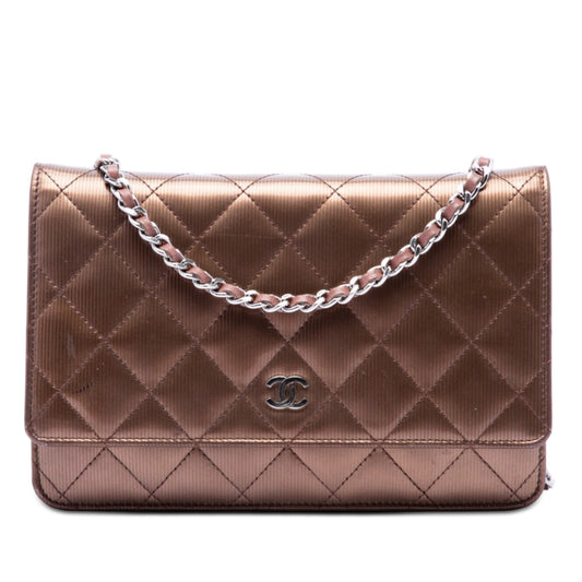 Chanel CC Quilted Striated Metallic Patent Wallet on Chain