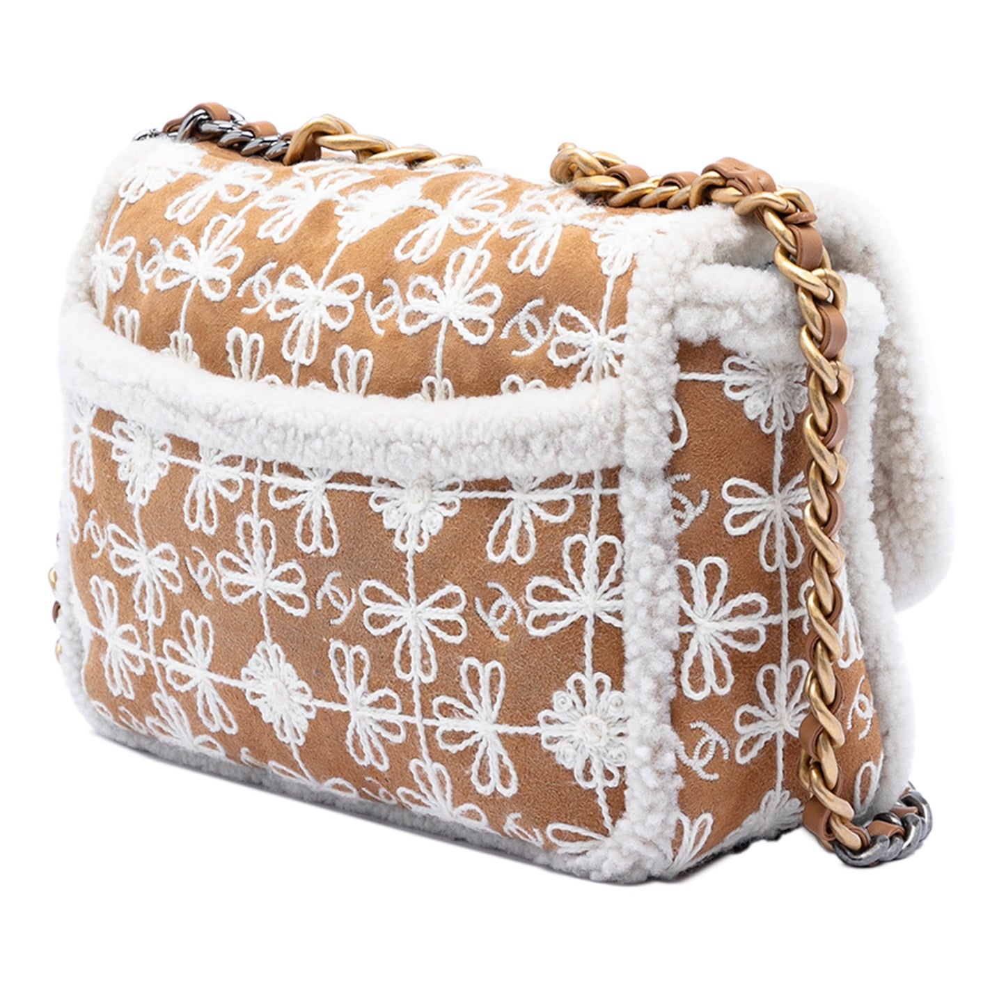 Chanel Medium Embroidered Suede 19 Flap with Shearling Trim
