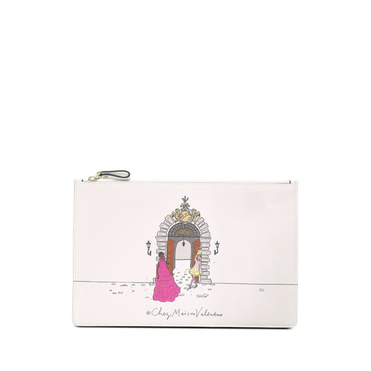 Valentino Chez Maison Valentino Smooth Calfskin Flat Pouch — White