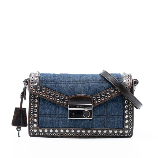 Prada Studded Denim Sound Lock Crossbody