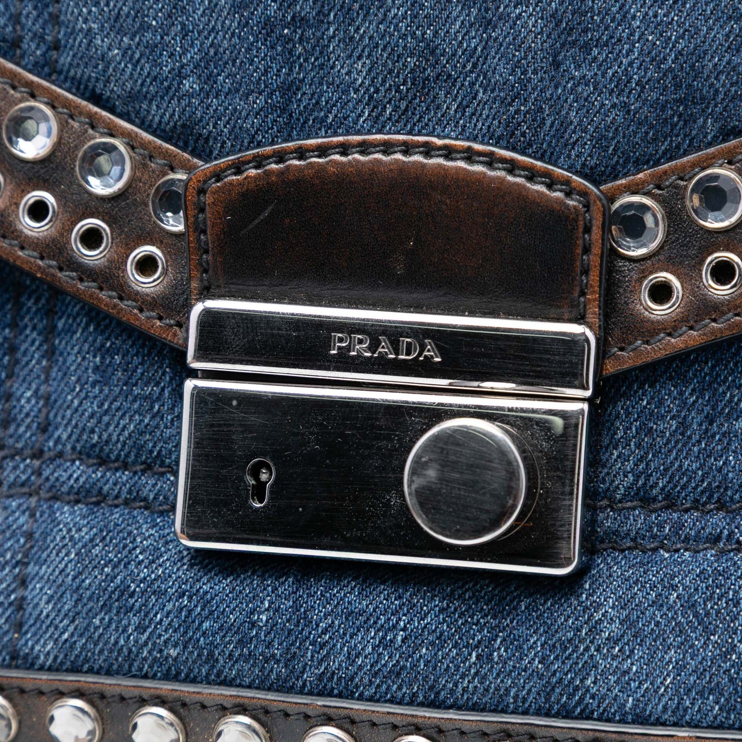 Prada Studded Denim Sound Lock Crossbody