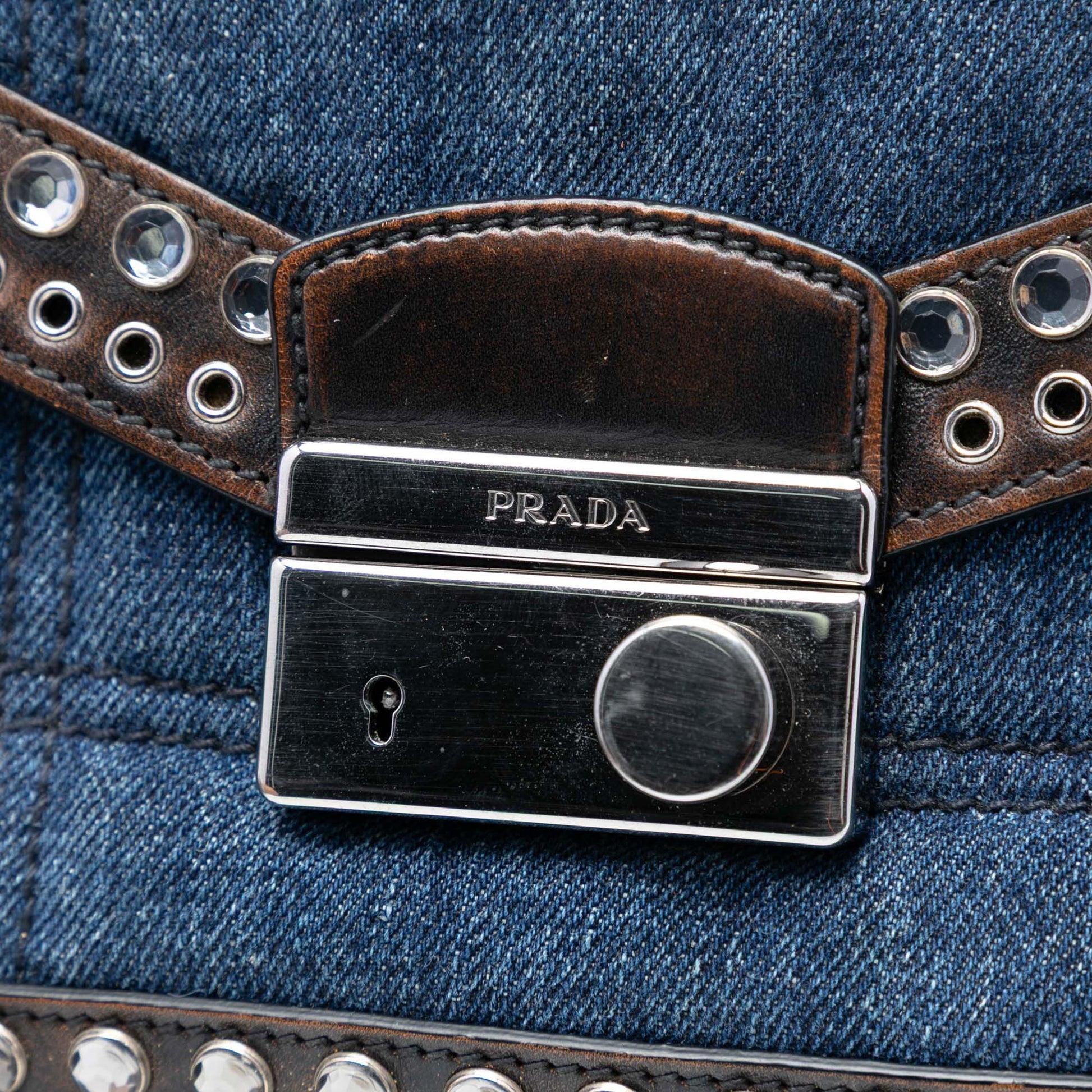 Prada Studded Denim Sound Lock Crossbody