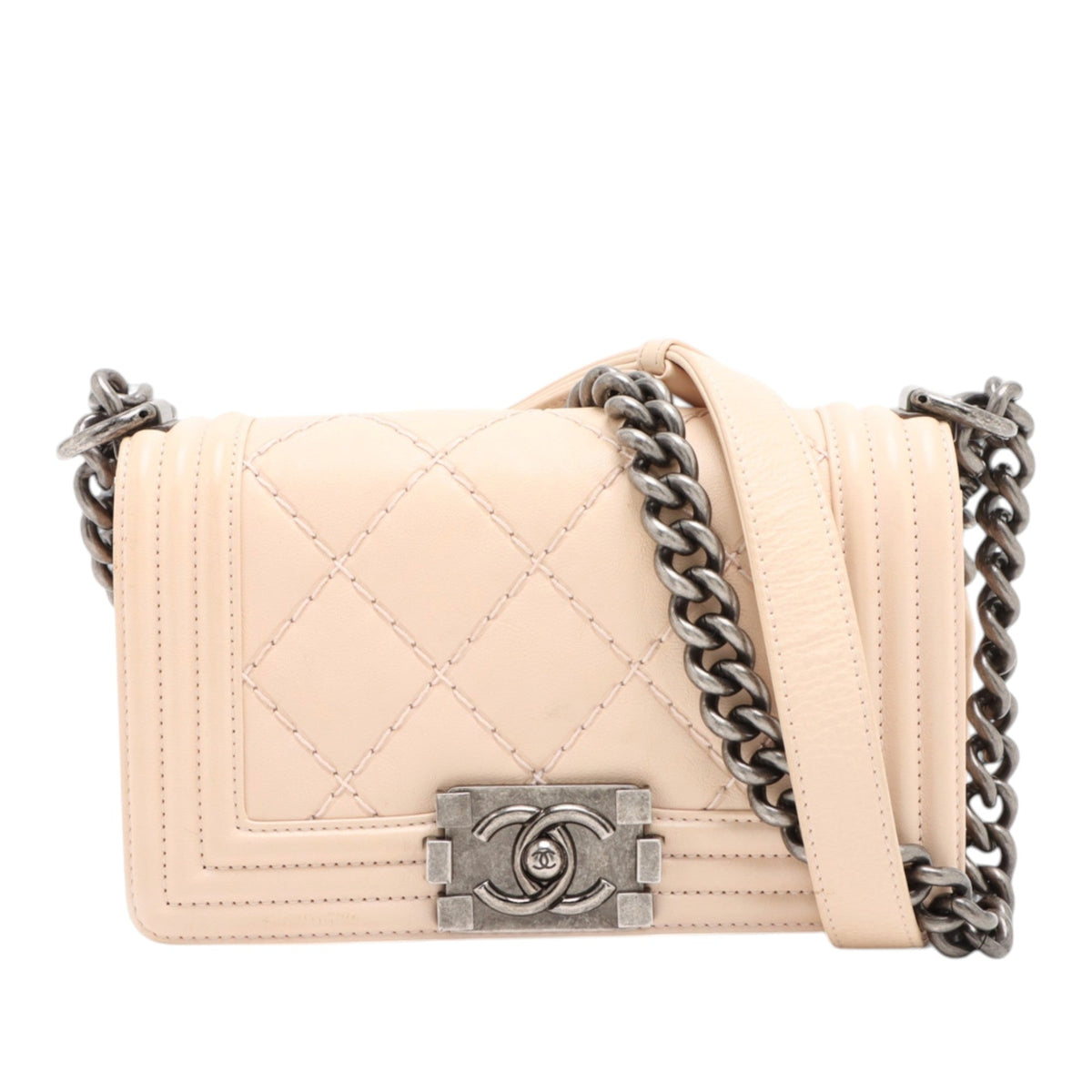Chanel Small Quilted Lambskin Wild Stitch Boy Flap — Beige