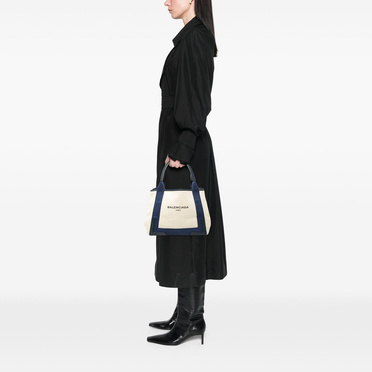 Balenciaga Canvas Navy Cabas Tote S — White