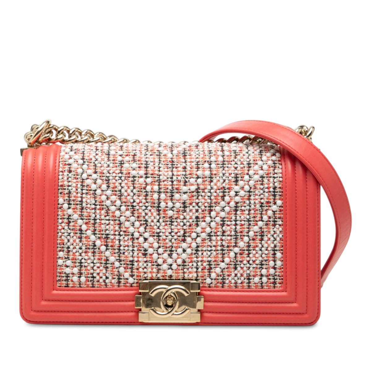 Chanel Small Chevron Tweed and Lambskin Pearl Boy Flap