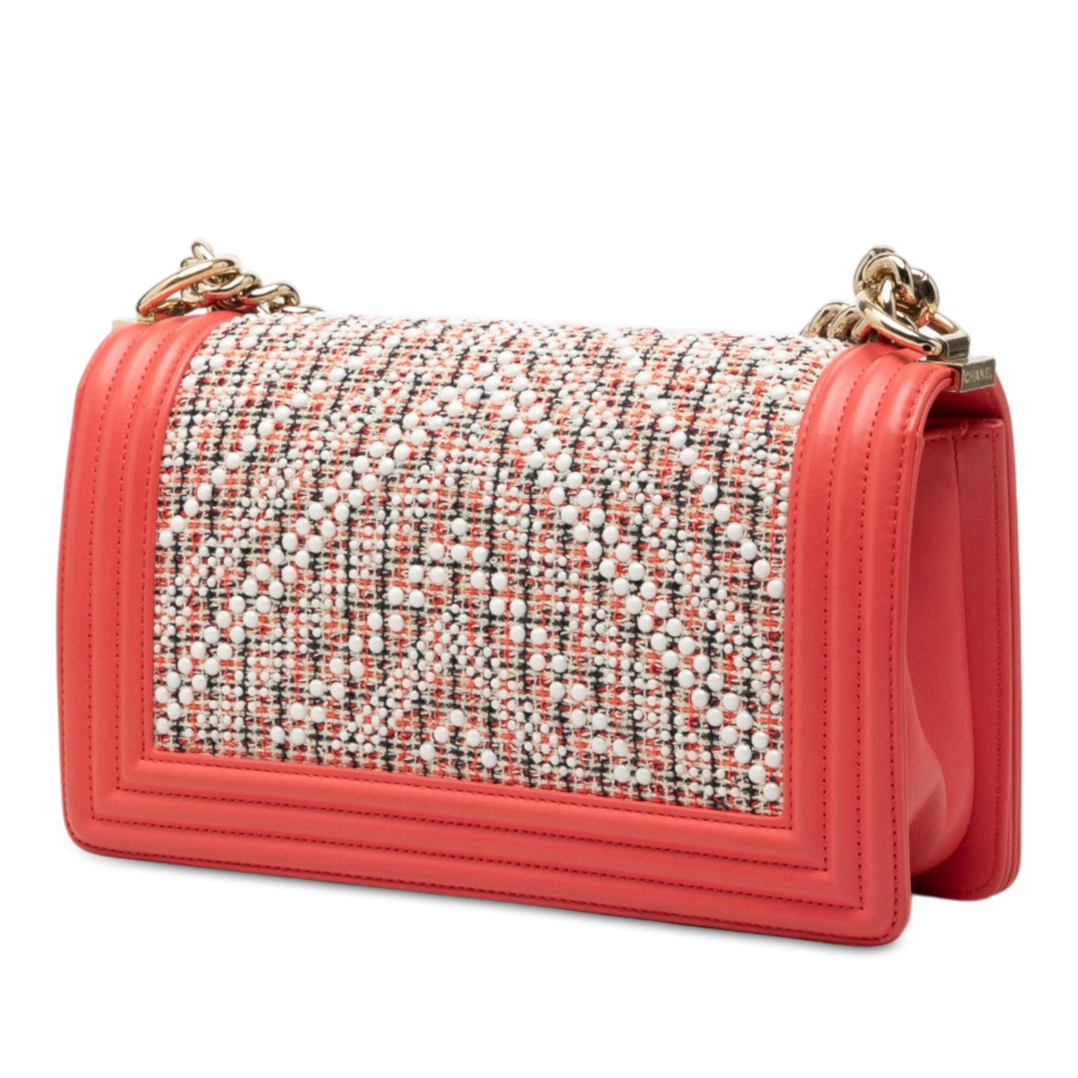 Chanel Small Chevron Tweed and Lambskin Pearl Boy Flap