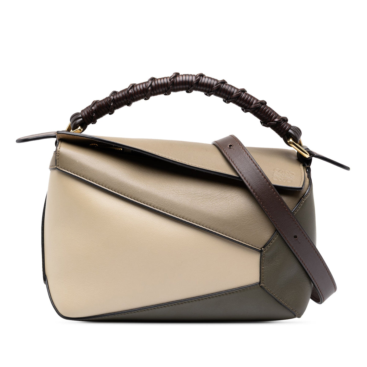LOEWE Small Tricolor Calfskin Braided Puzzle Edge Satchel — Brown